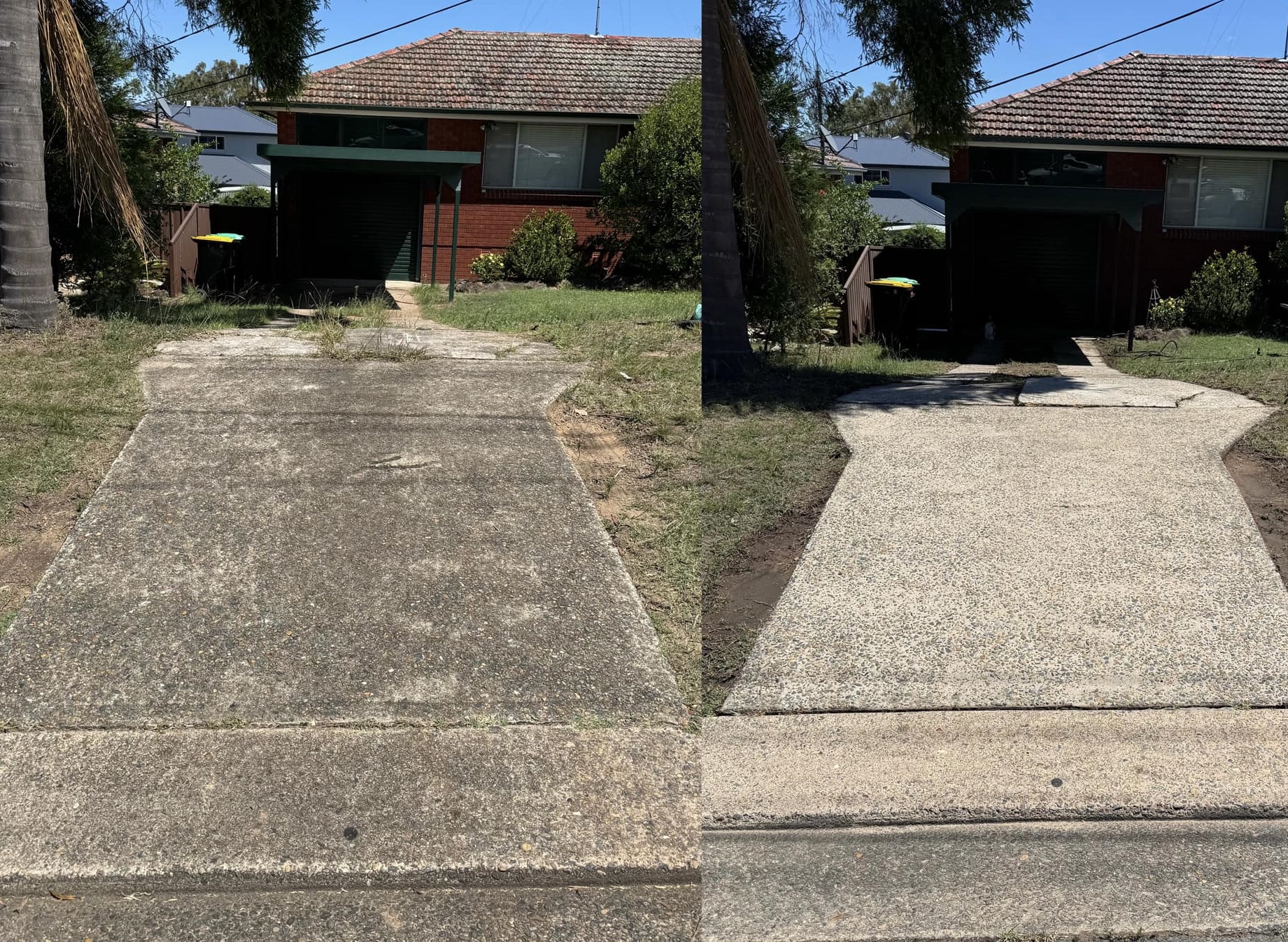 Professional pressure washing of a dirty driveway revealing clean concrete